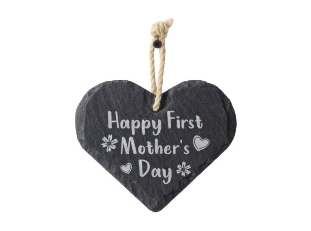 Welsh slate heart shaped hanging sign engraved with the words first my mum forever my friend